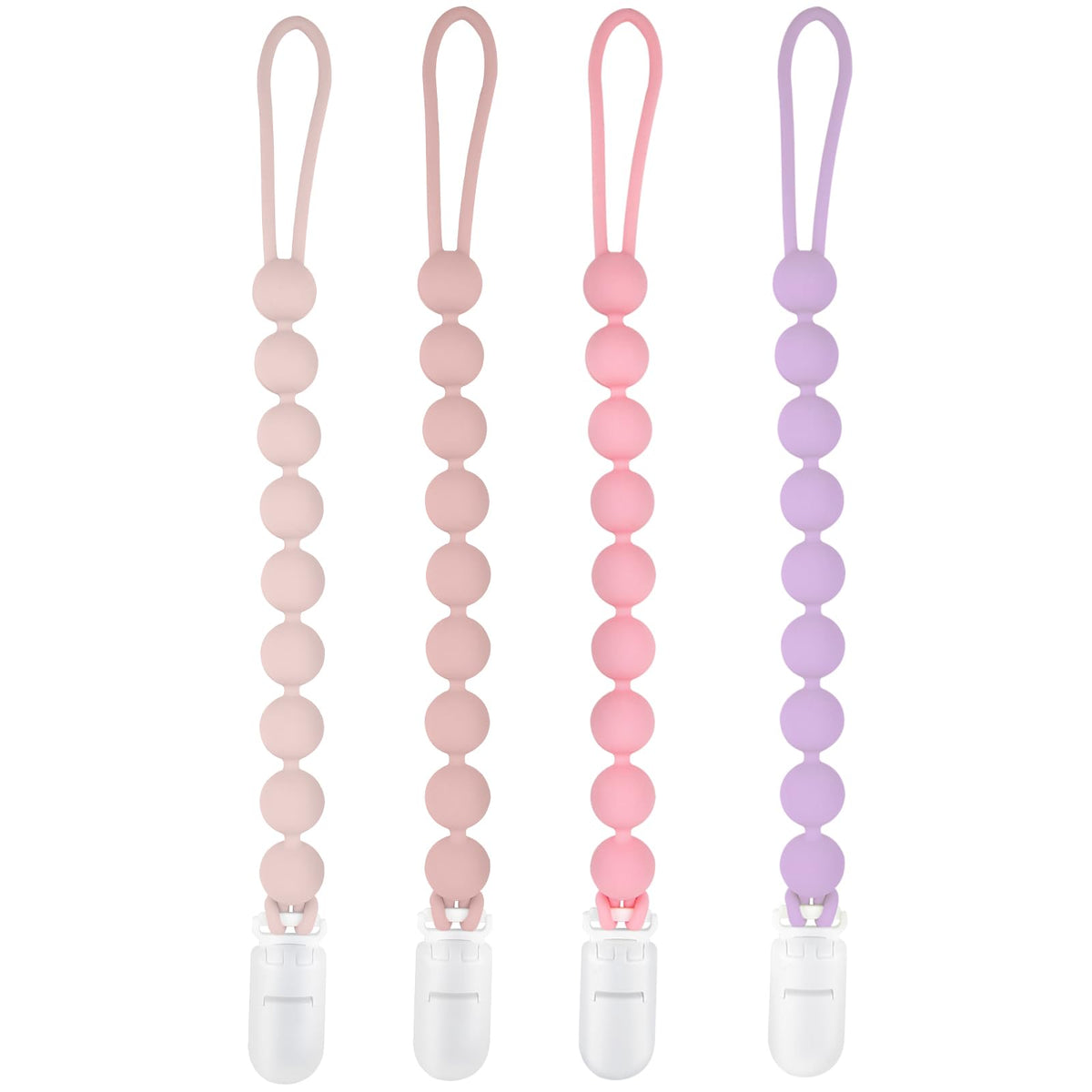 MINMUNJIU four-pack silicone pacifier clips displayed for baby outfits