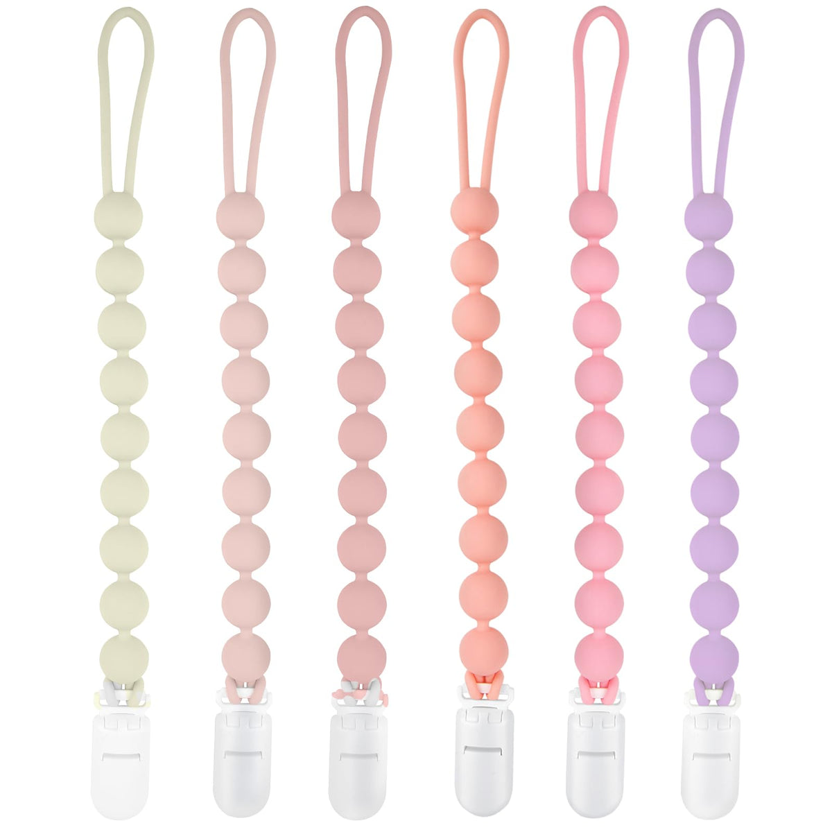 MINMUNJIU silicone pacifier clip six-pack in bright colors prevents pacifier loss for baby girls