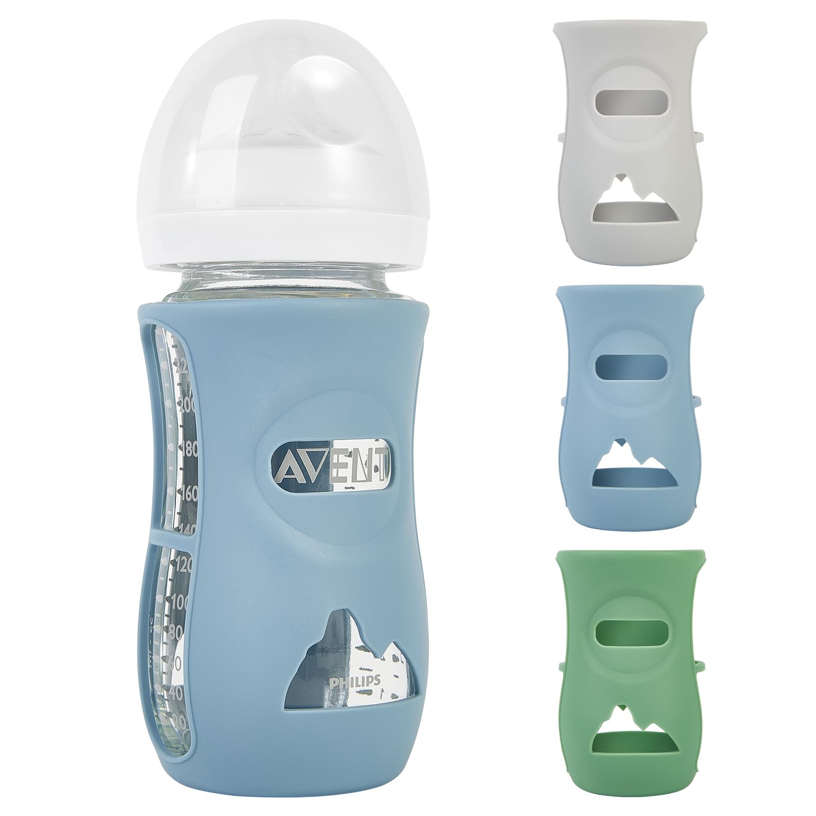 MINMUNJIU silicone sleeve on Philips Avent 8oz bottle enhances secure grip during feeding.
