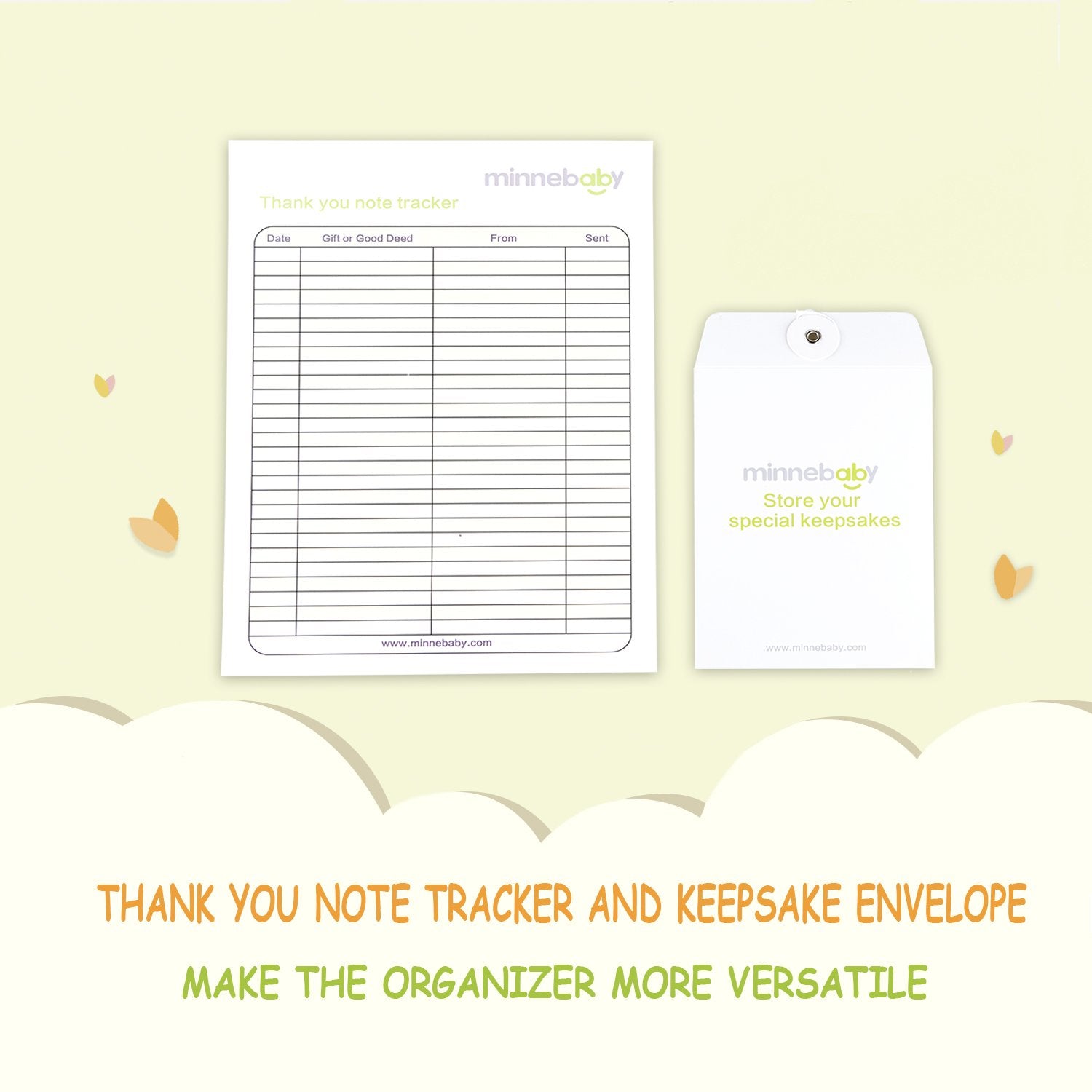Minne baby document organizer thank-you tracker showcases bonus notes and card tracking.