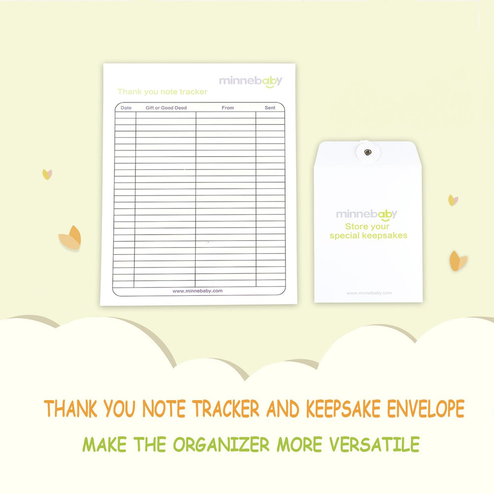 Minne baby document organizer thank-you tracker showcases bonus notes and card tracking.
