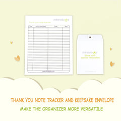 Minne baby document organizer thank-you tracker showcases bonus notes and card tracking.