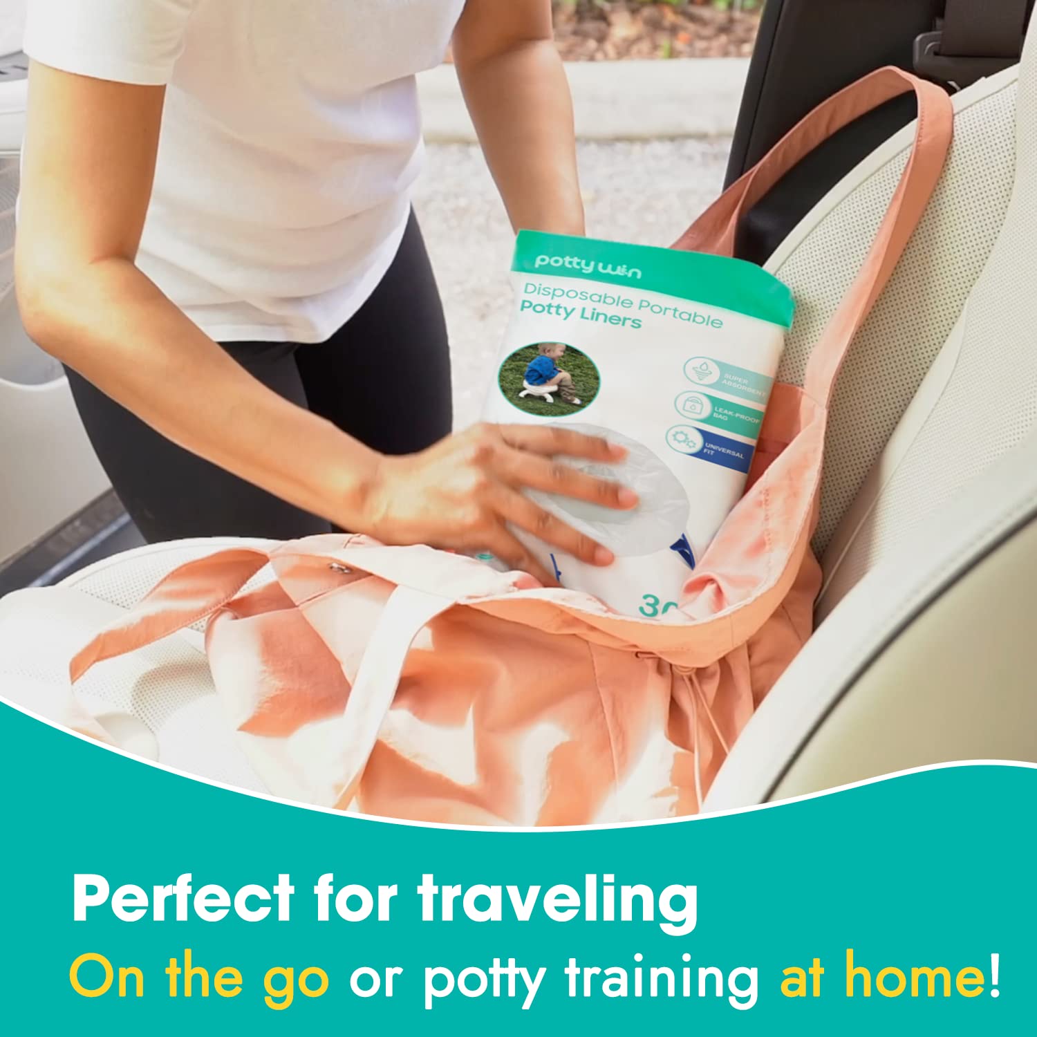 Minne Baby on-the-go convenience image for car trips and outings with liners.