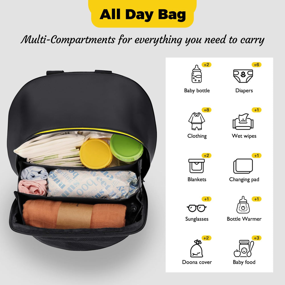 Minne Baby Upperkids storage bag worn as backpack for hands-free errands