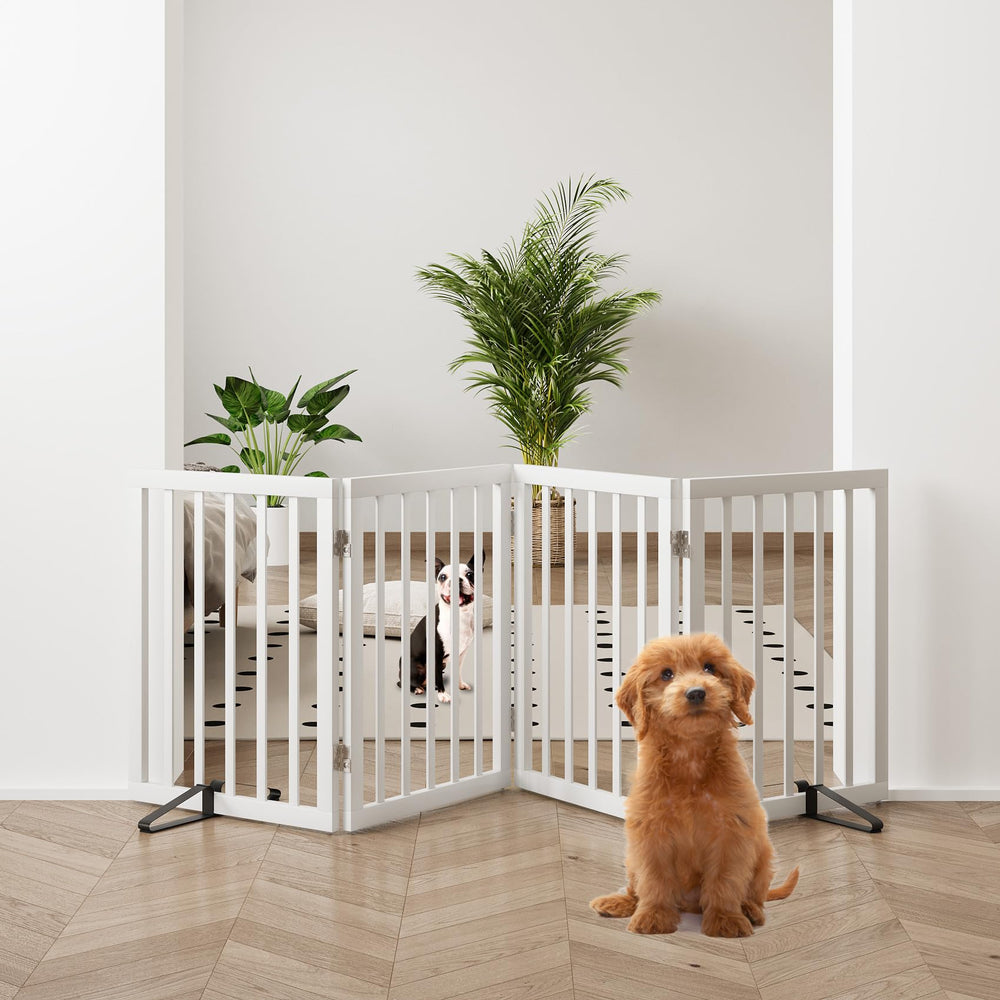 Mino Kesper bamboo dog gate extended in a living room blocks doorways while blending with decor.