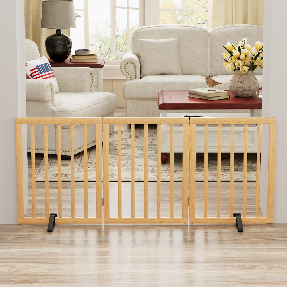 Mino Kesper bamboo dog gate with stable base protects floors