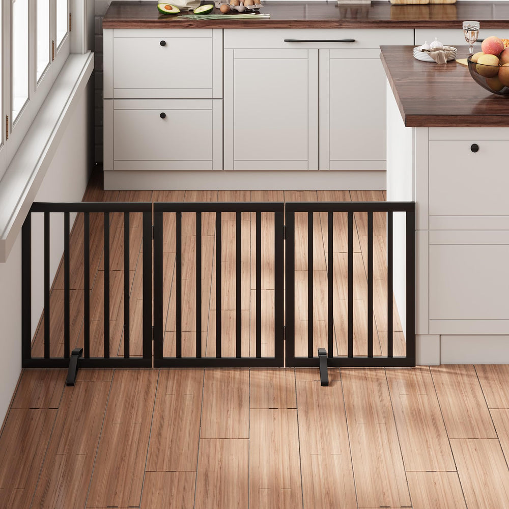 Mino Kesper black gate for doorways keeps pets contained without drilling or permanent alterations.
