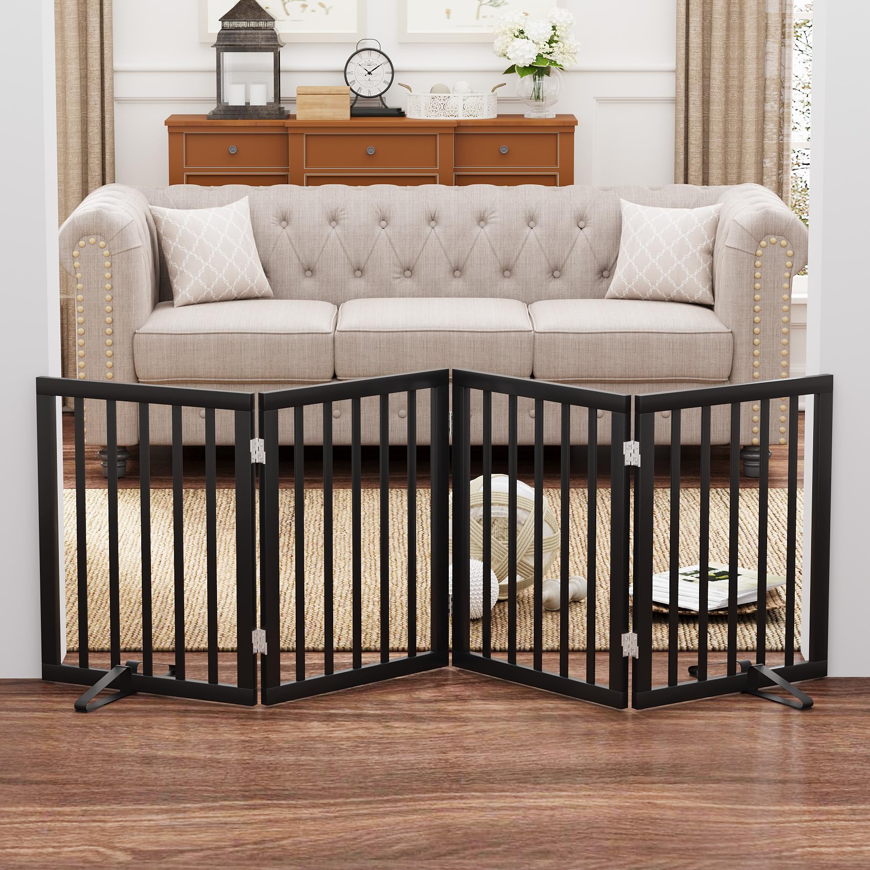 Mino Kesper black 37-74 inch dog gate extended stance blocks doorways while blending with décor.