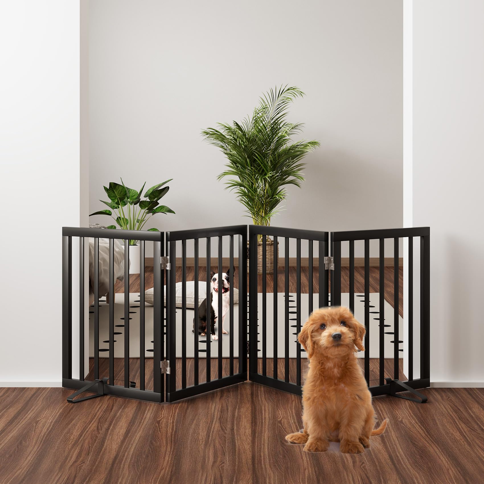 Mino Kesper folding 360 hinge dog gate demonstrates portable, no-installation convenience for quick room changes.