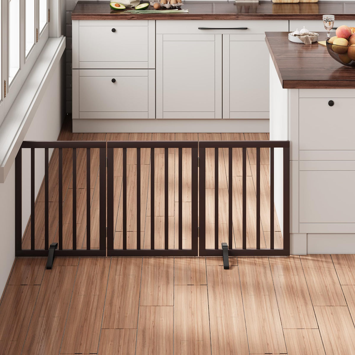 Mino Kesper brown gate closed view, sturdy freestanding barrier for doorways.