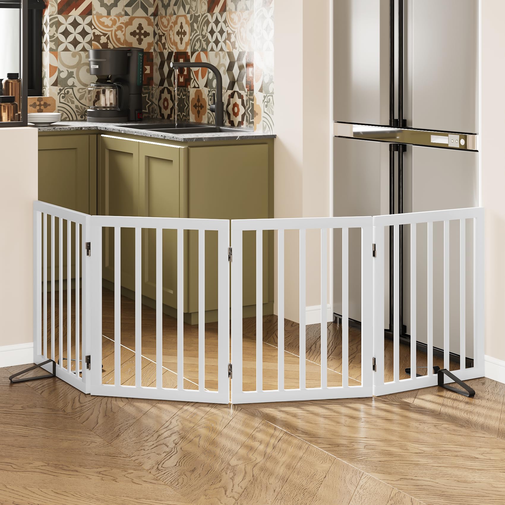Mino Kesper dog gate fully assembled in use for safe doorway separation and easy pet management.