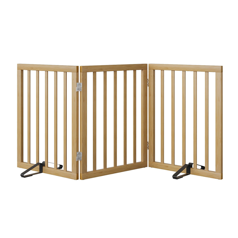 Mino Kesper dog gate in natural bamboo, wide setup blocks doorways safely