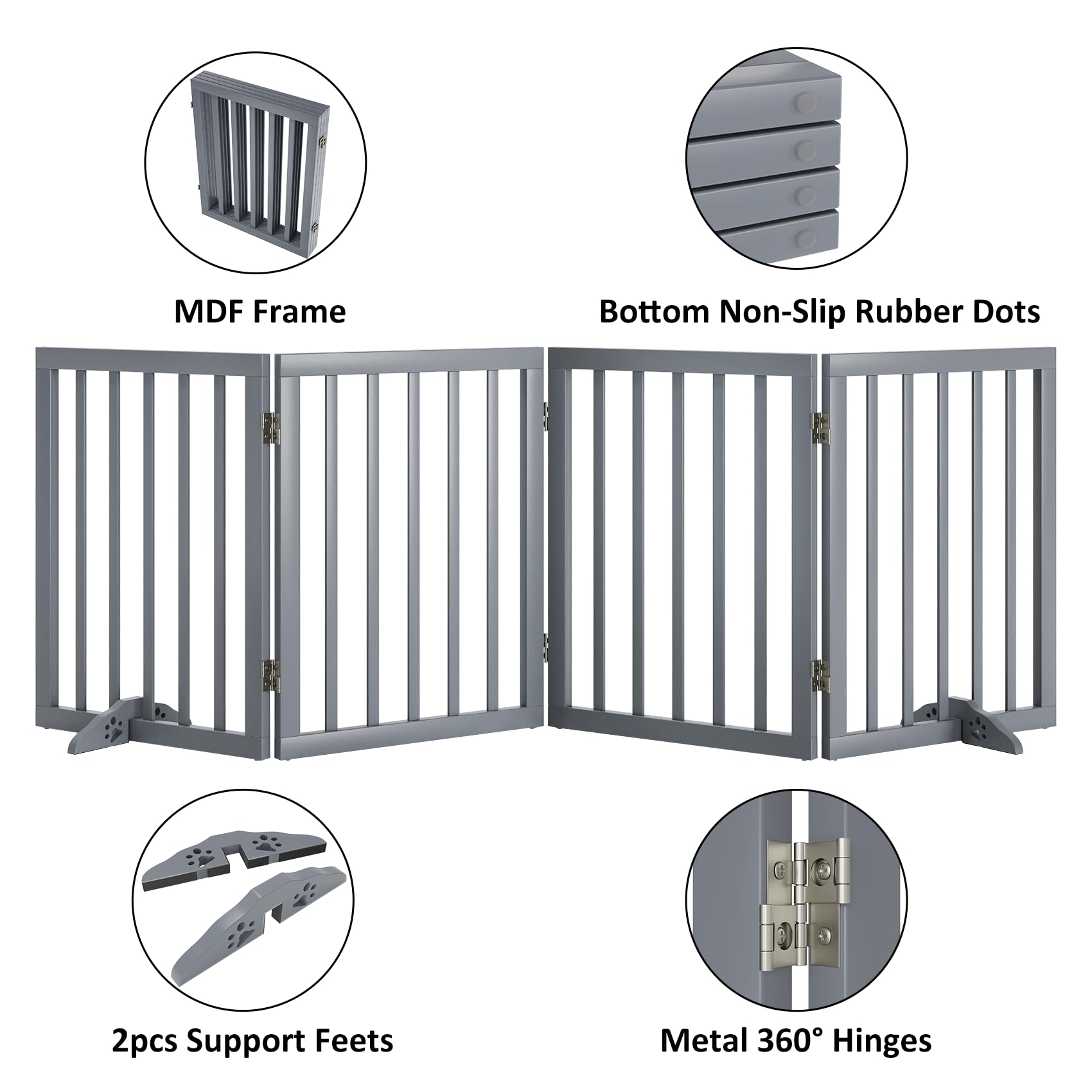 Mino Kesper dog gate width-range shows flexible fit for 18.5 to 74 inches.