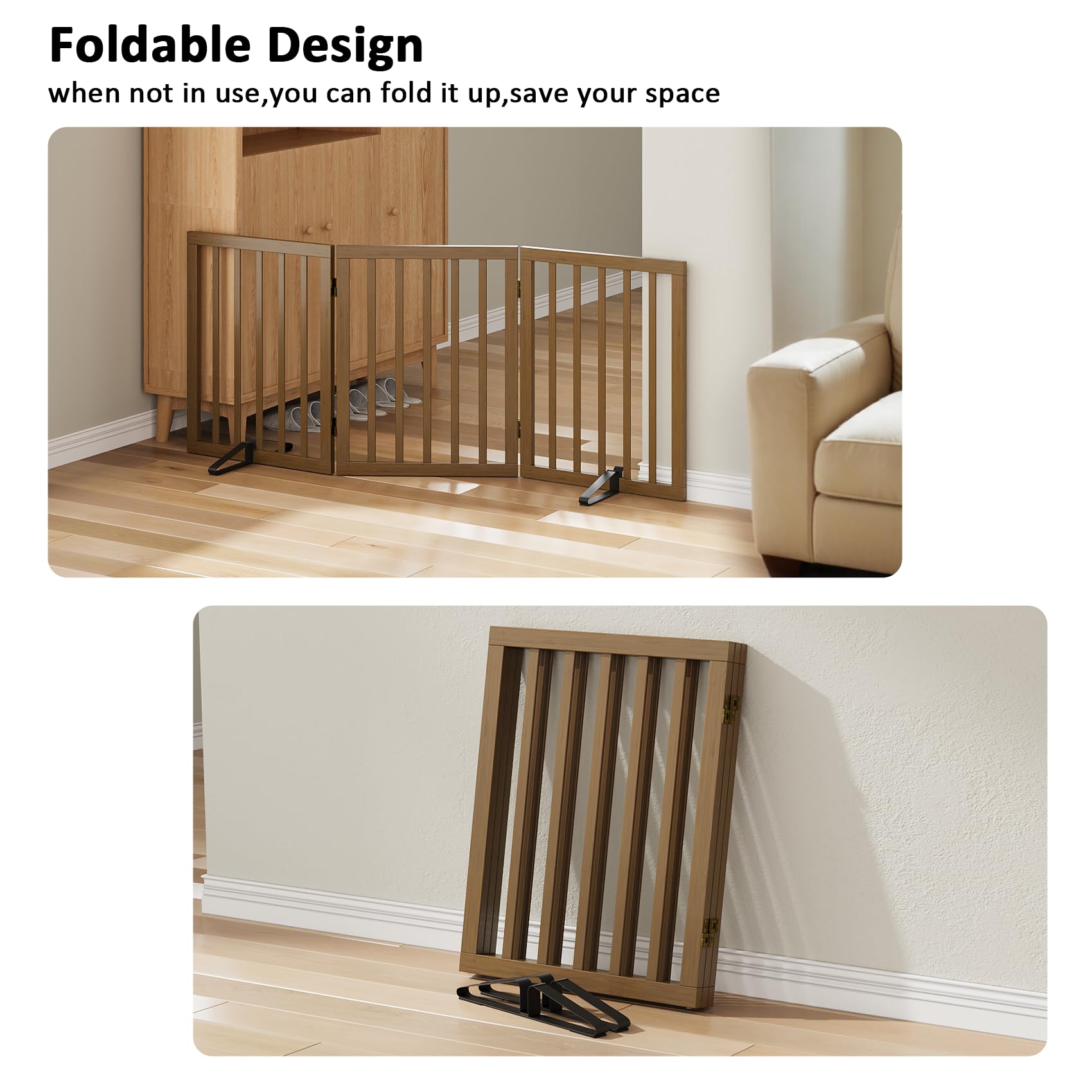 Mino Kesper dog gate wooden finish with anti-slip feet provides stability.