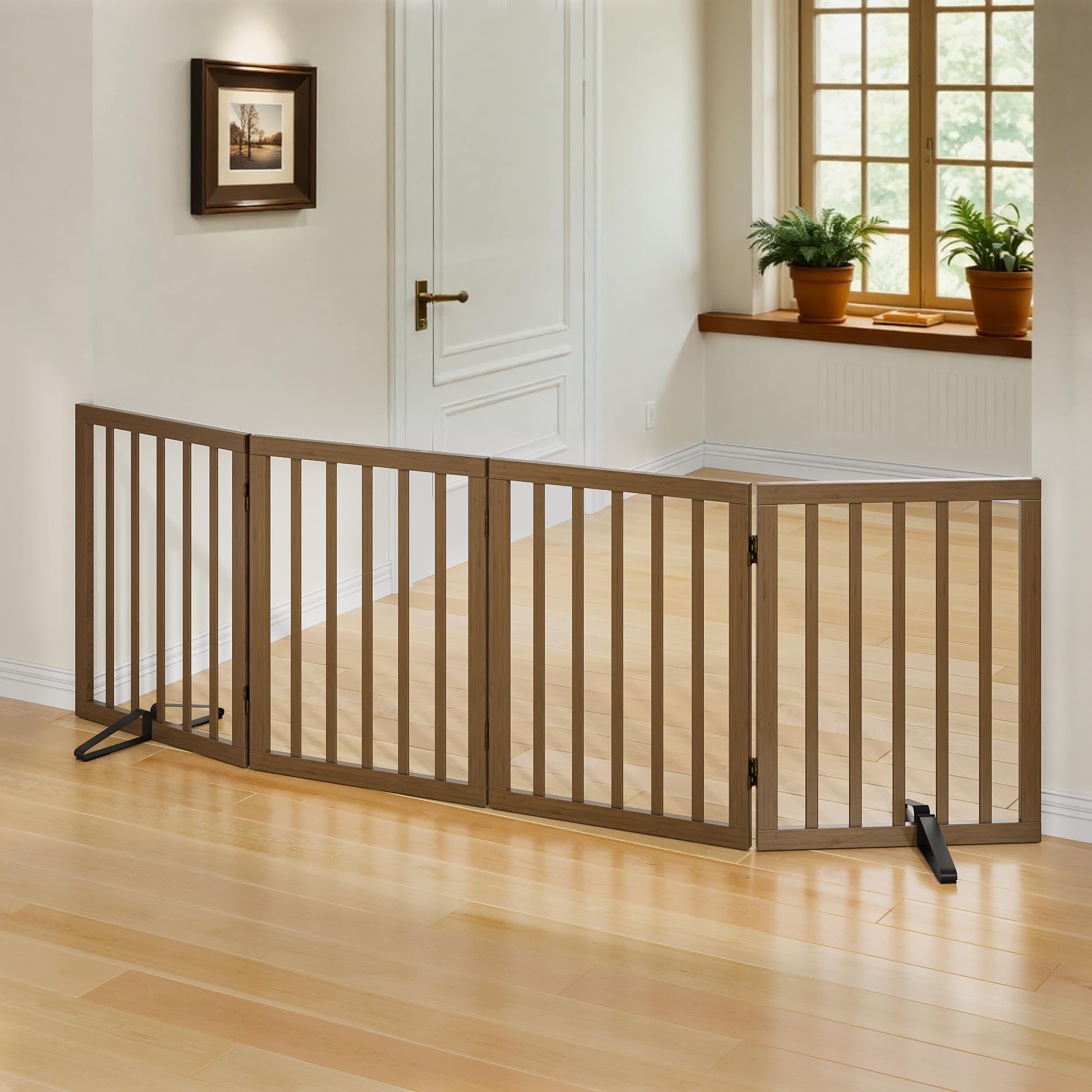 Mino Kesper dog gate blocking stairs with sturdy freestanding design