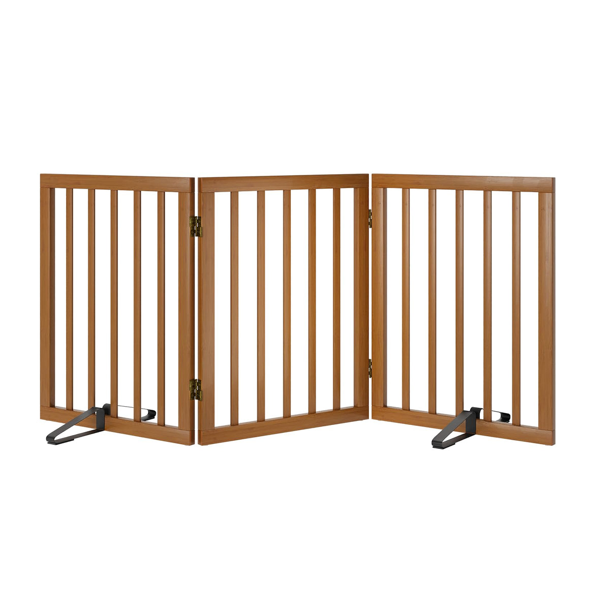 Mino Kesper freestanding pet gate in walnut bamboo blocks stair access with stylish stability.