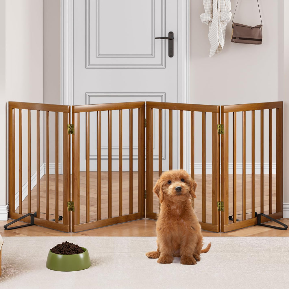 Mino Kesper freestanding gate in walnut, closed barrier for doorway separation and focus on safety