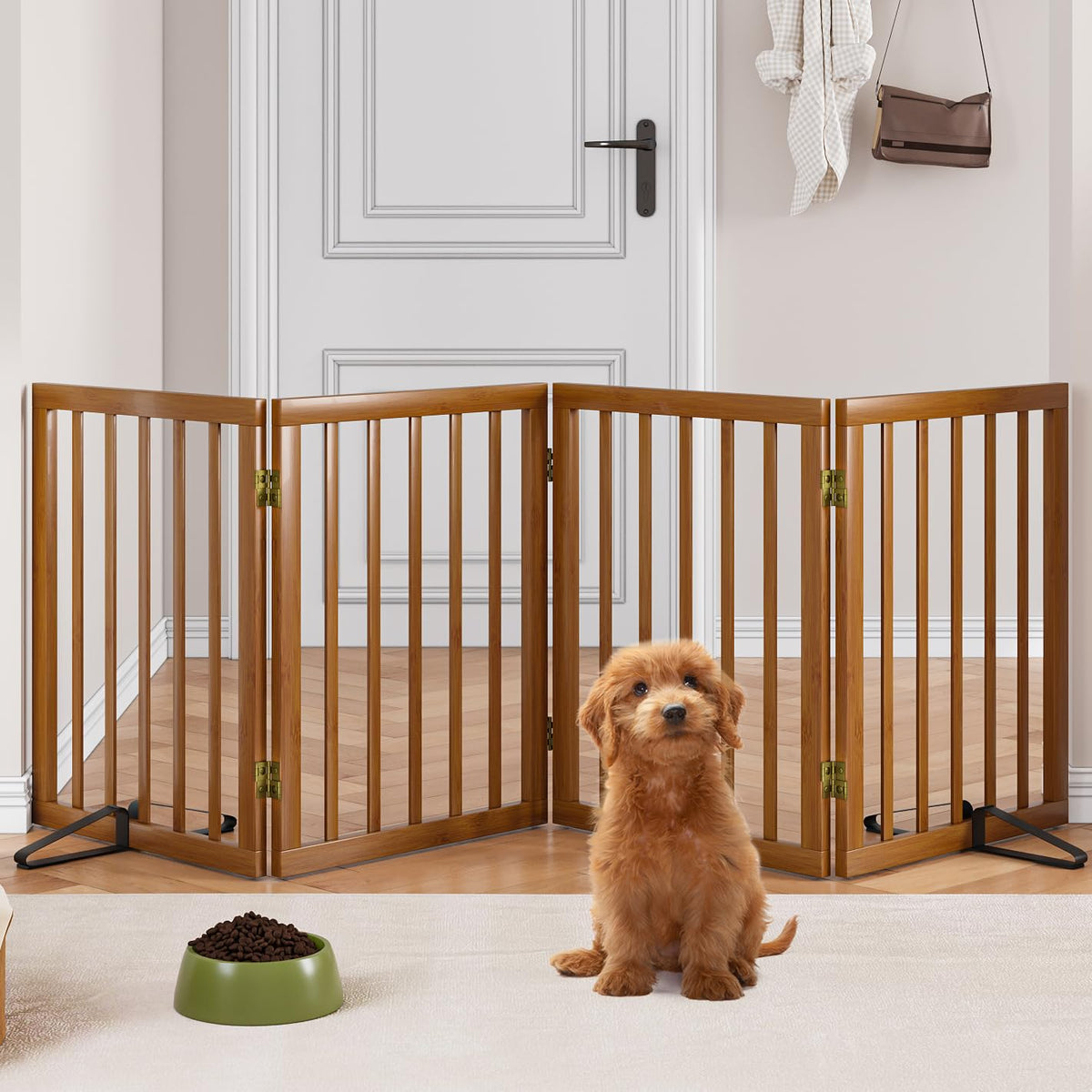 Mino Kesper freestanding gate in walnut, closed barrier for doorway separation and focus on safety