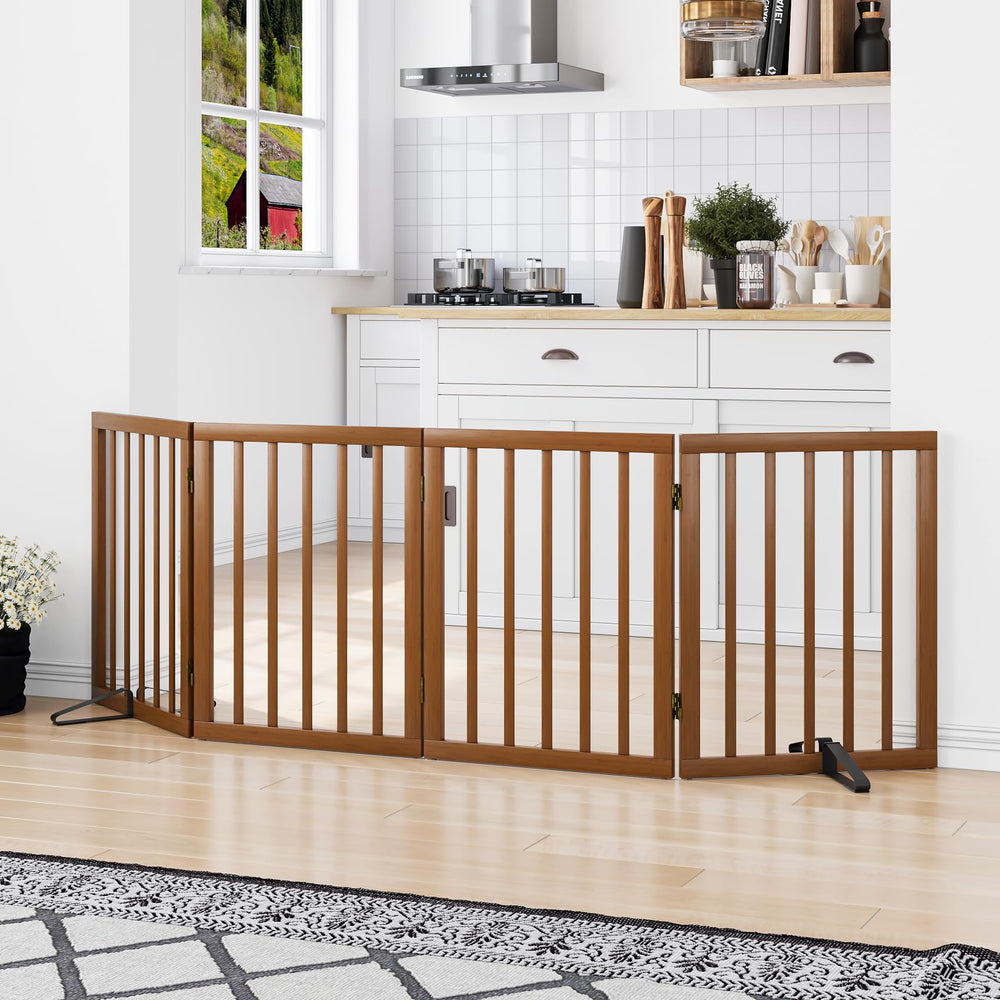 Mino Kesper freestanding gate in walnut, open layout supports natural pet movement