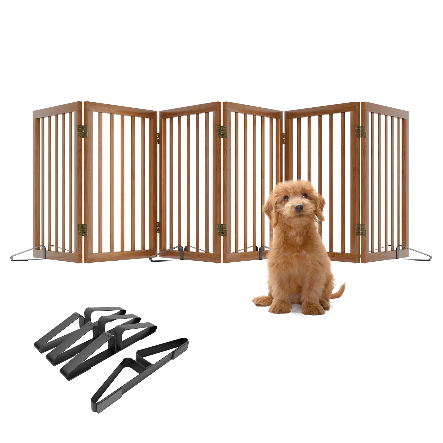 Mino Kesper freestanding gate in walnut-bamboo extends coverage for wide openings.
