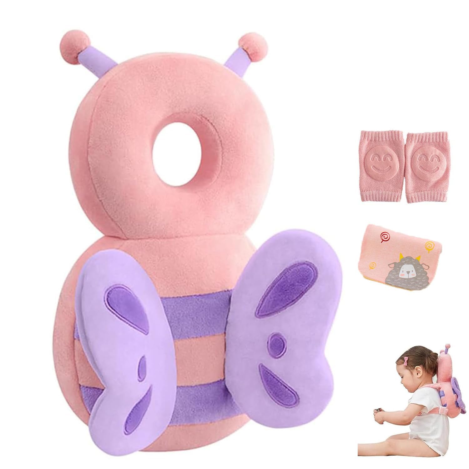 MINOCHI head protector backpack pink butterfly, front view for gentle head protection.