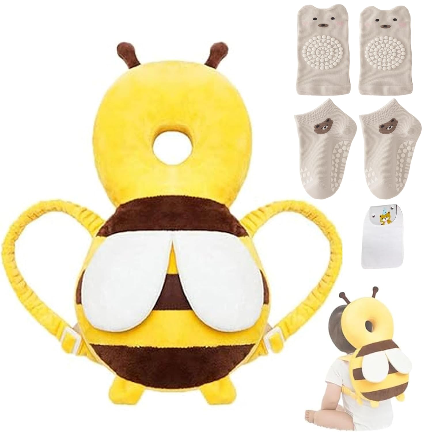 MINOCHI baby head protector backpack yellow bee front view supports safe walking.