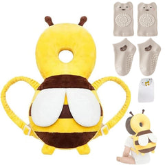MINOCHI baby head protector backpack yellow bee front view supports safe walking.