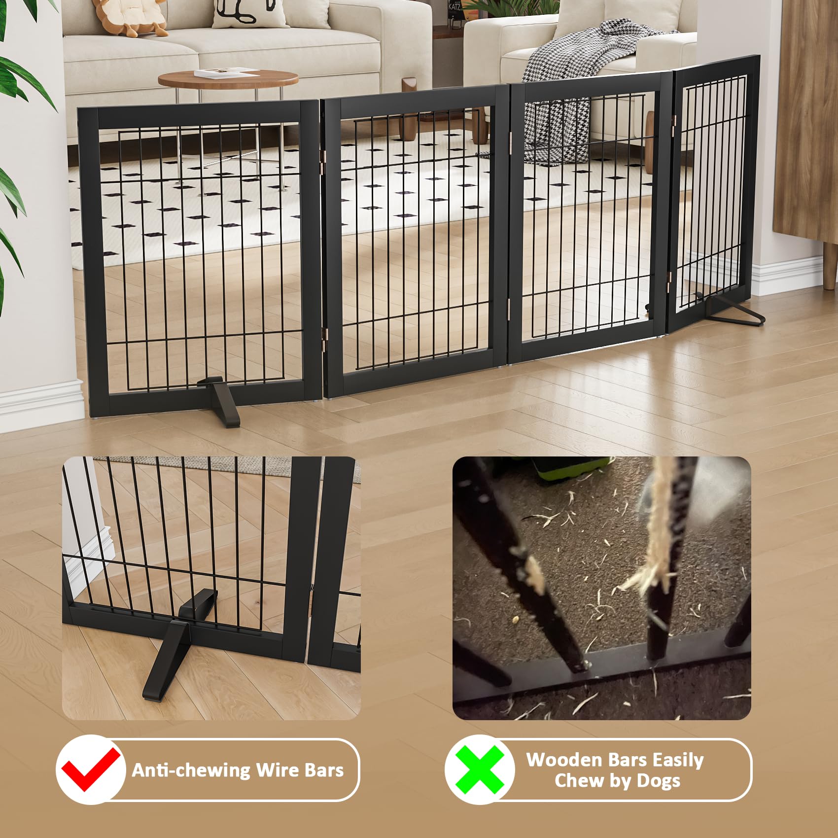 Mino Kesper dog gate 3-panel wide-55-in blocks doorway spaces effectively.