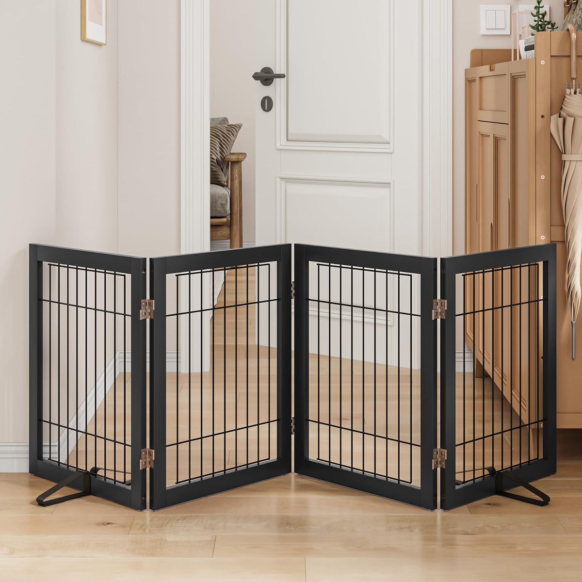 Mino Kesper dog gate 4-panel assembly shows sturdy, chew-resistant design for doorways.