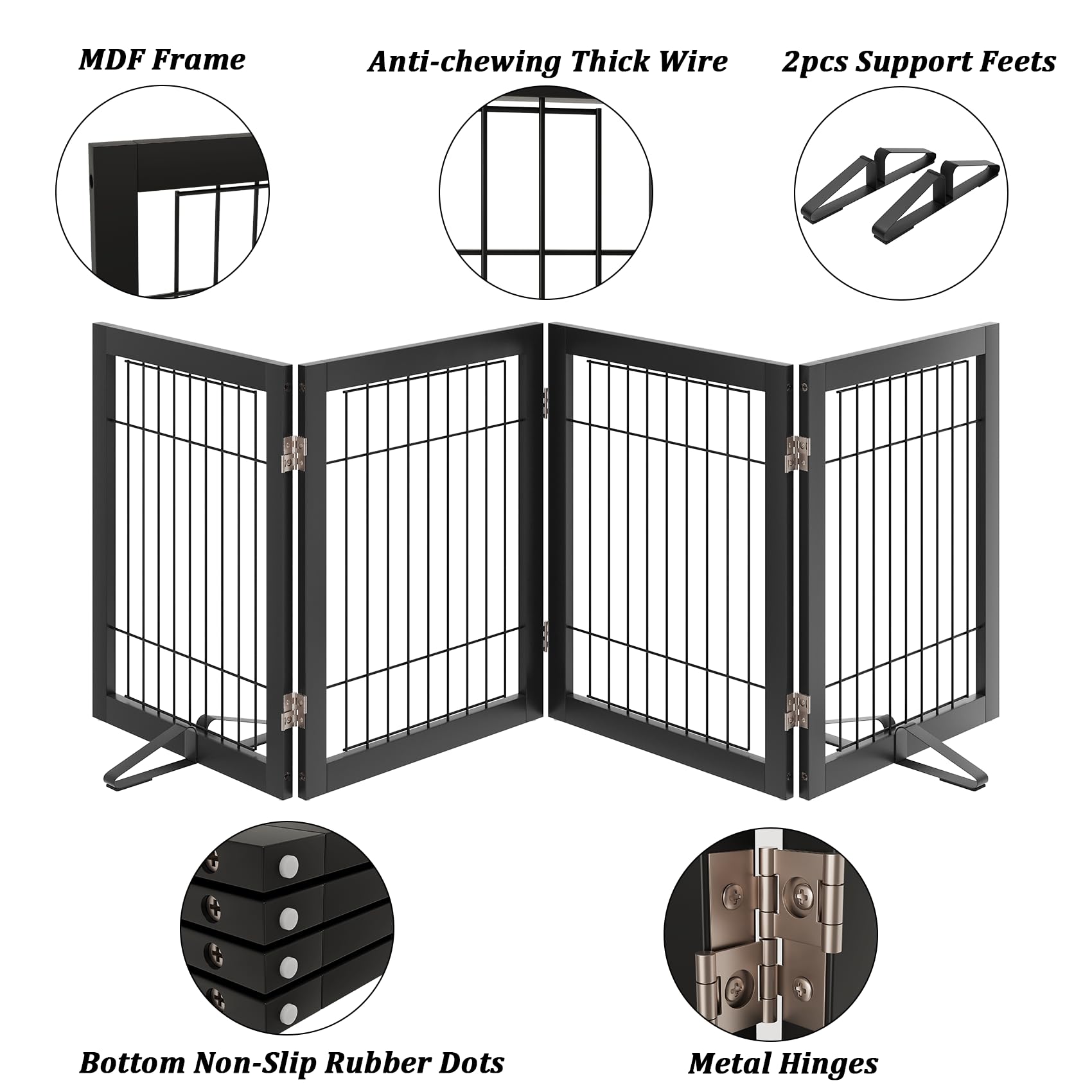 Mino Kesper dog gate 4-panel open demonstrates freestanding stability in living spaces.