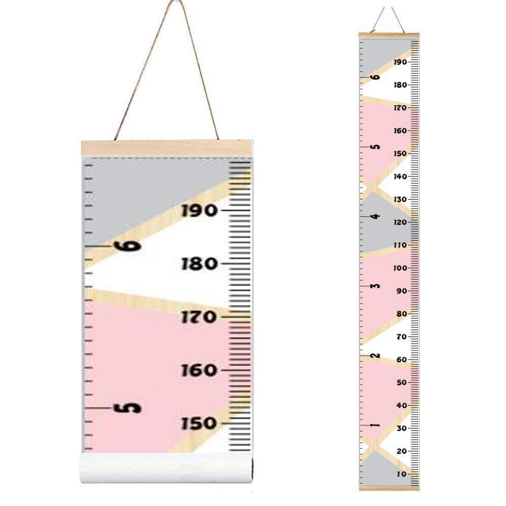 MinoMia growth chart with wooden frame in pink and grey for stylish nursery decor and room planning.