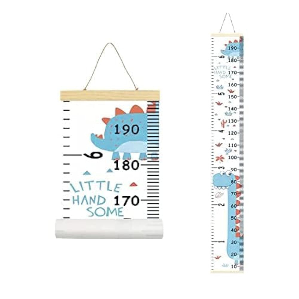MinoMia Kids Growth Chart in wood frame with blue dinosaur design for growth tracking memories.