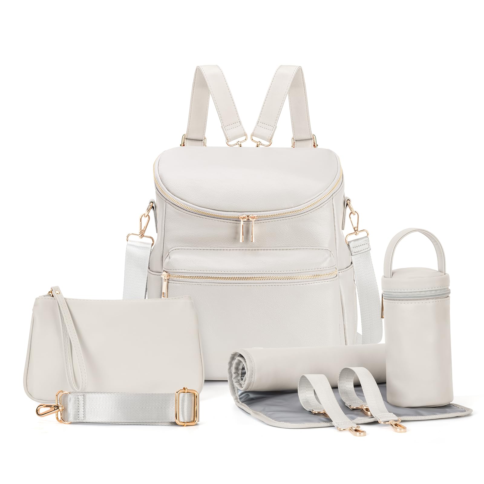 Minsong diaper bag backpack pearl white PU leather close-up shows easy wipe-clean spills.