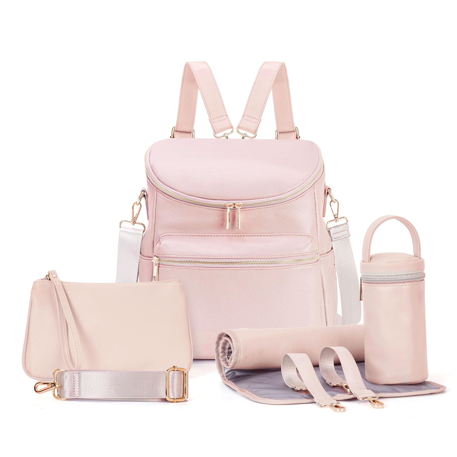Minsong diaper bag backpack pink fashion leather exterior close-up showcases durable zippers for everyday use