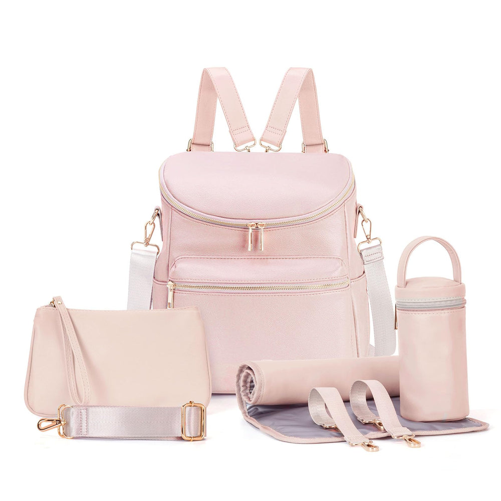 Minsong diaper bag backpack pink fashion leather exterior close-up showcases durable zippers for everyday use