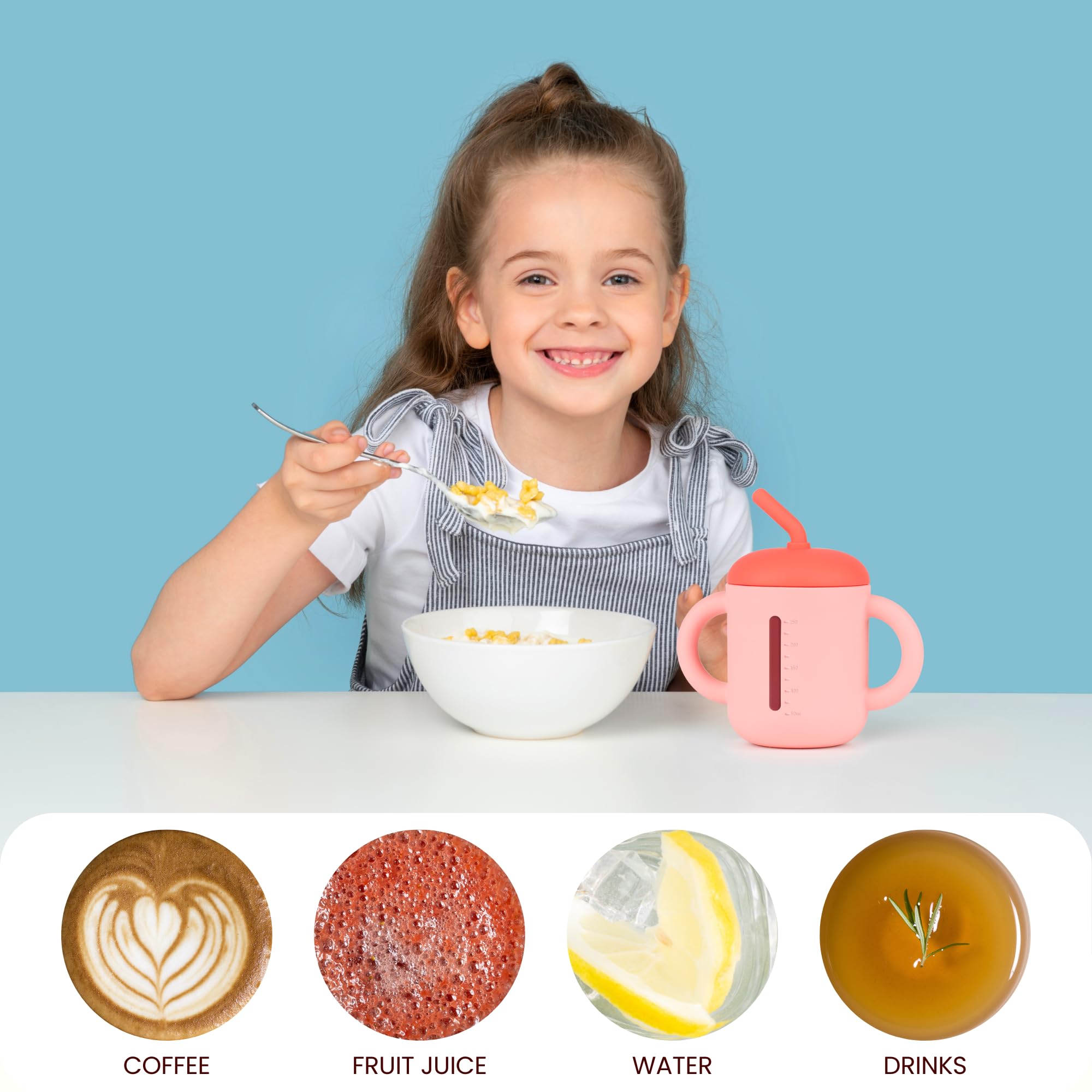 Mintlyfe silicone cup stays safe with warm liquids for toddler exploration.