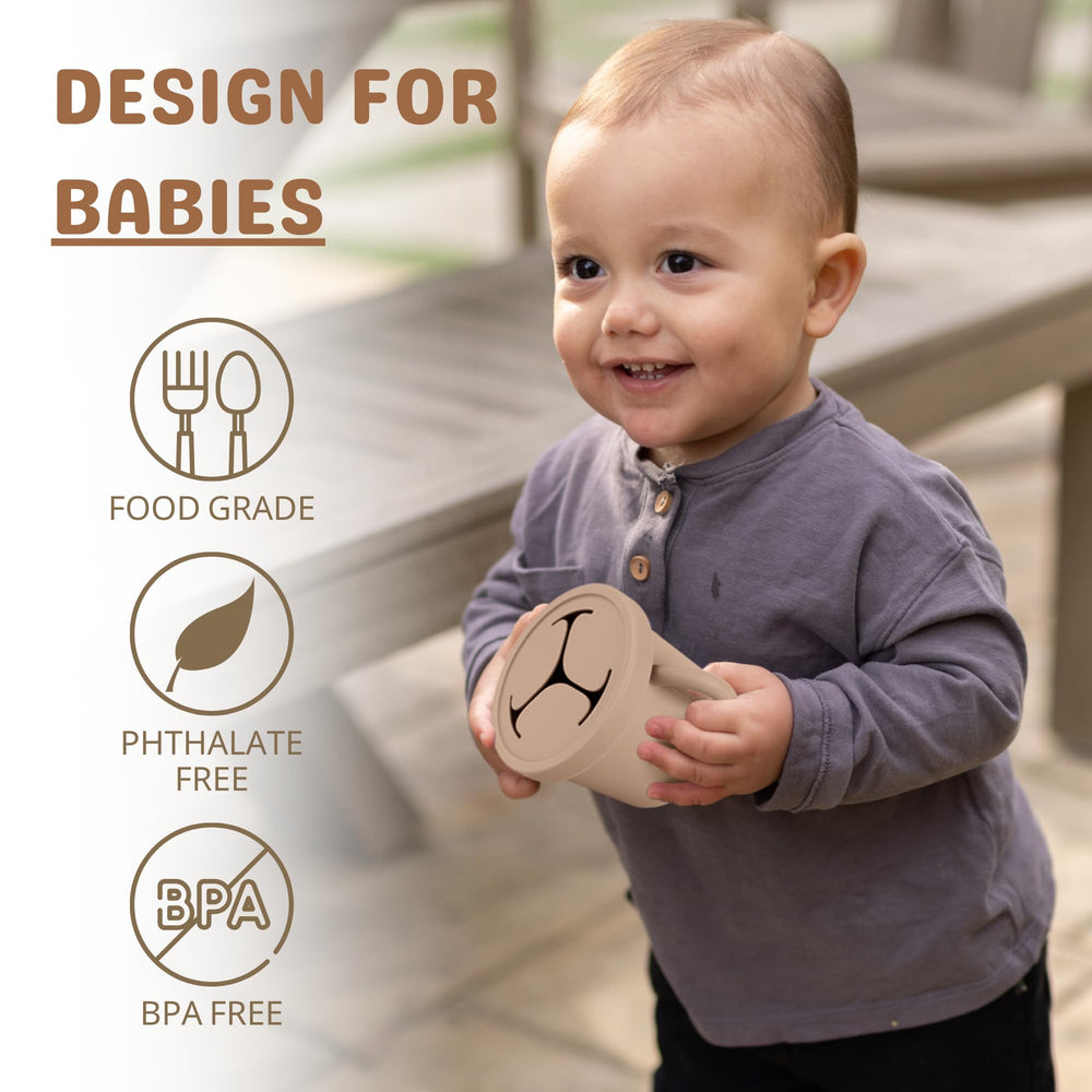 Mintlyfe snack cups grip-handles closeup emphasizes small hands-friendly design.