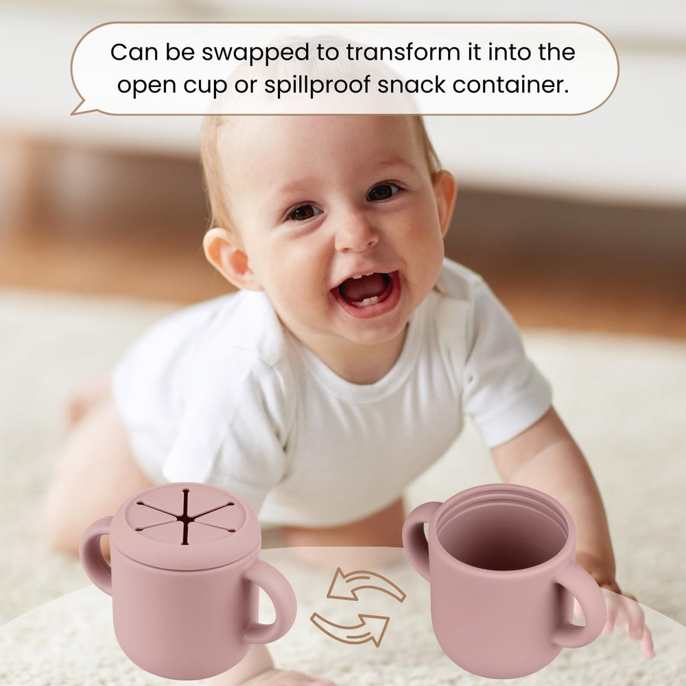 Mintlyfe snack cups model demonstrates independent snacking by a toddler