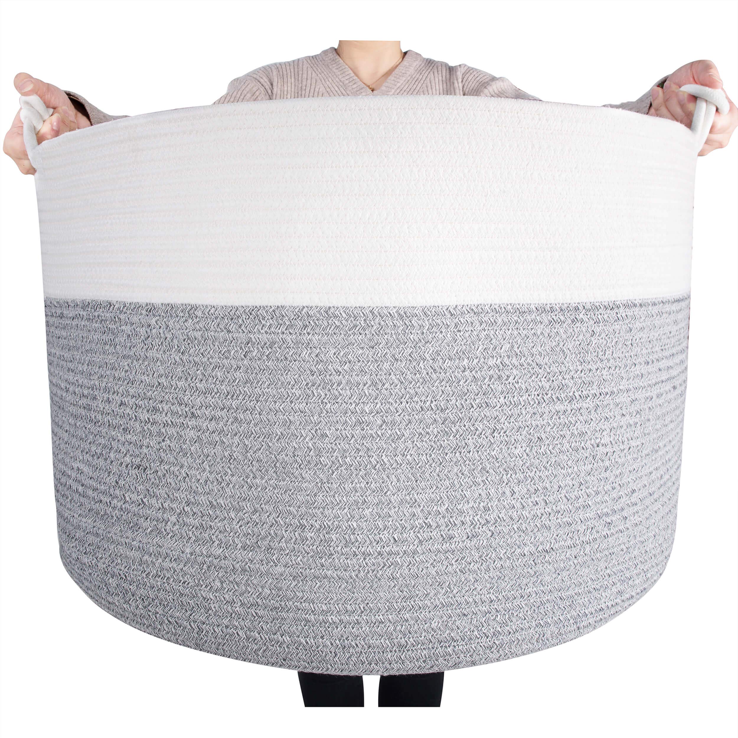 MINTWOOD Design extra large basket with folded edges shows its generous capacity for bulky blankets