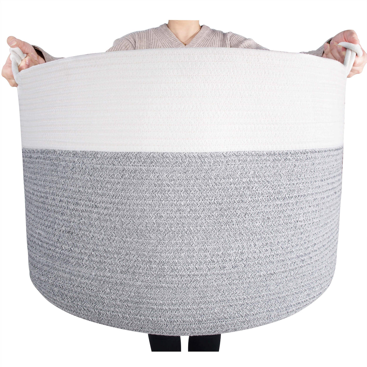 MINTWOOD Design extra large basket with folded edges shows its generous capacity for bulky blankets