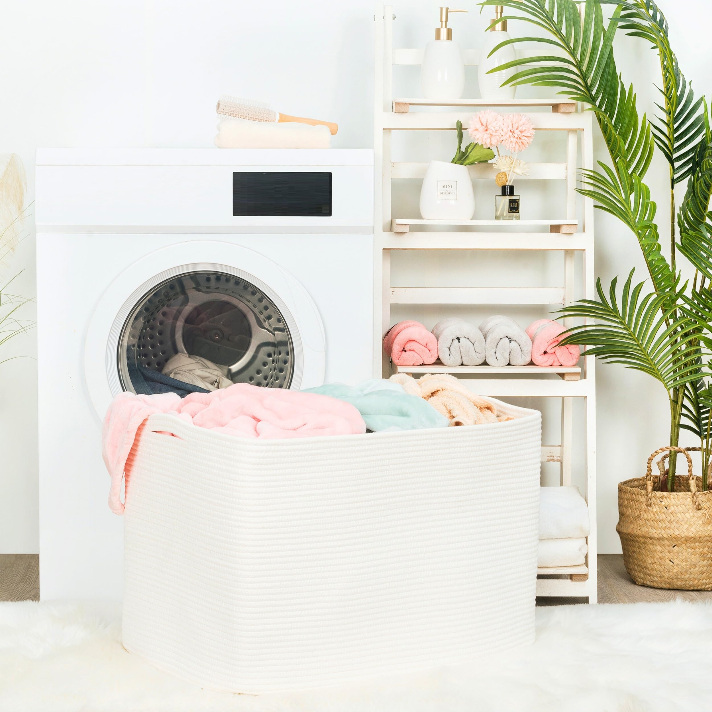 MINTWOOD Design 112L blanket basket cream-soft rope offers durable, safe dog toy storage.