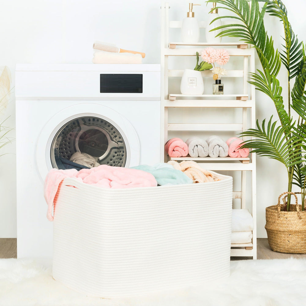 MINTWOOD Design 112L blanket basket cream-soft rope offers durable, safe dog toy storage.