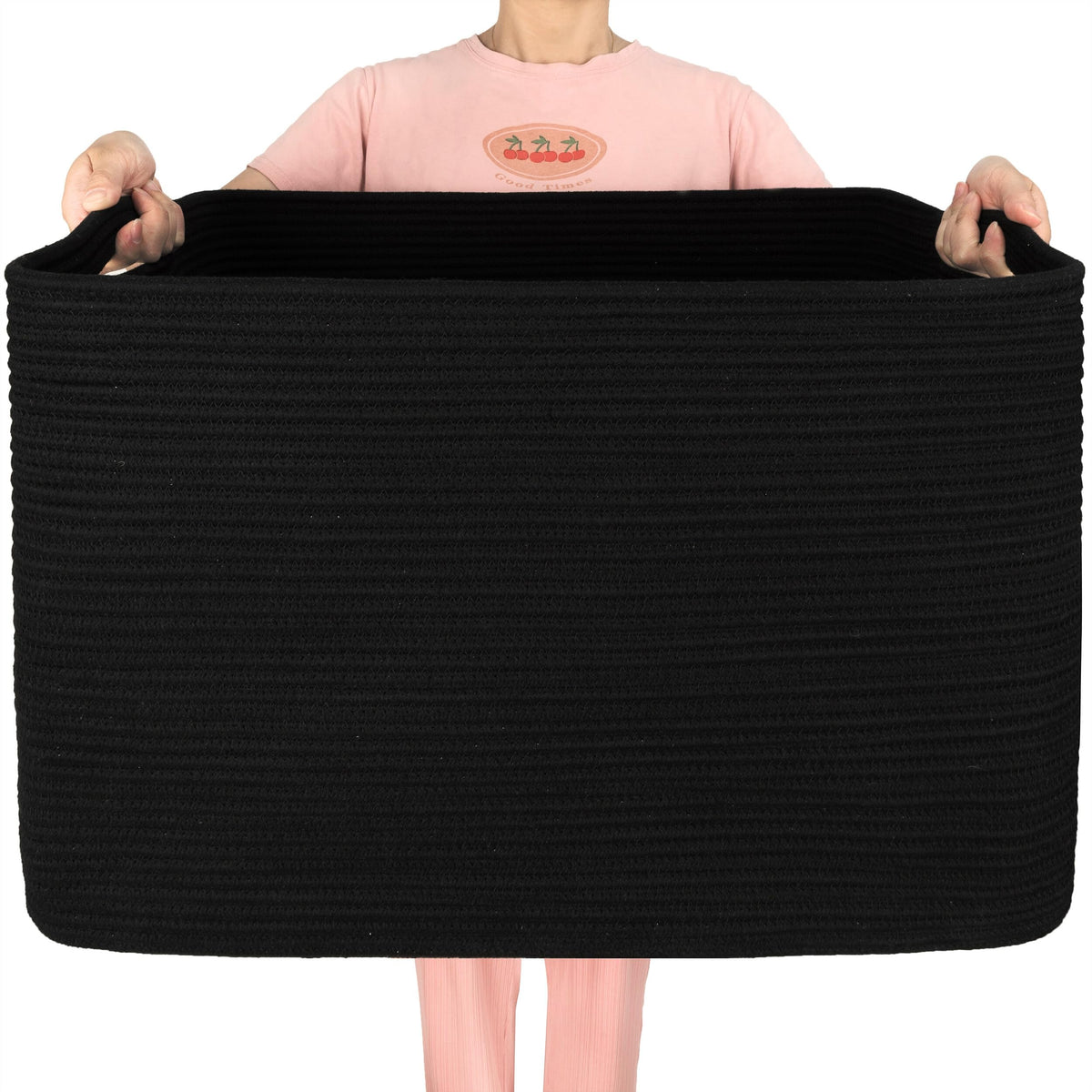 MINTWOOD Design 112L blanket basket front view with rope weave and large laundry-ready capacity.