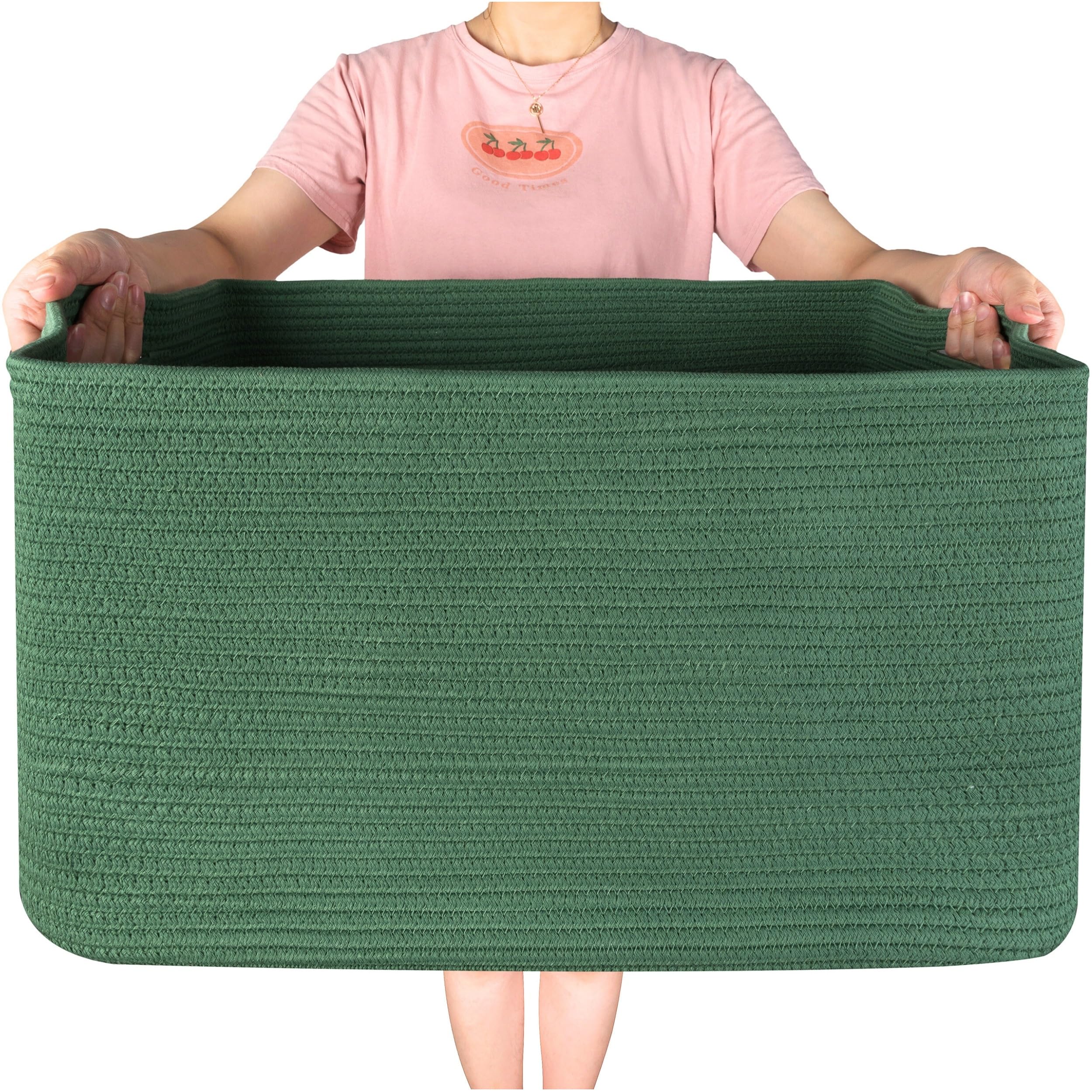 Mintwood Design 22in blanket basket forest green front view showcases ample blanket storage
