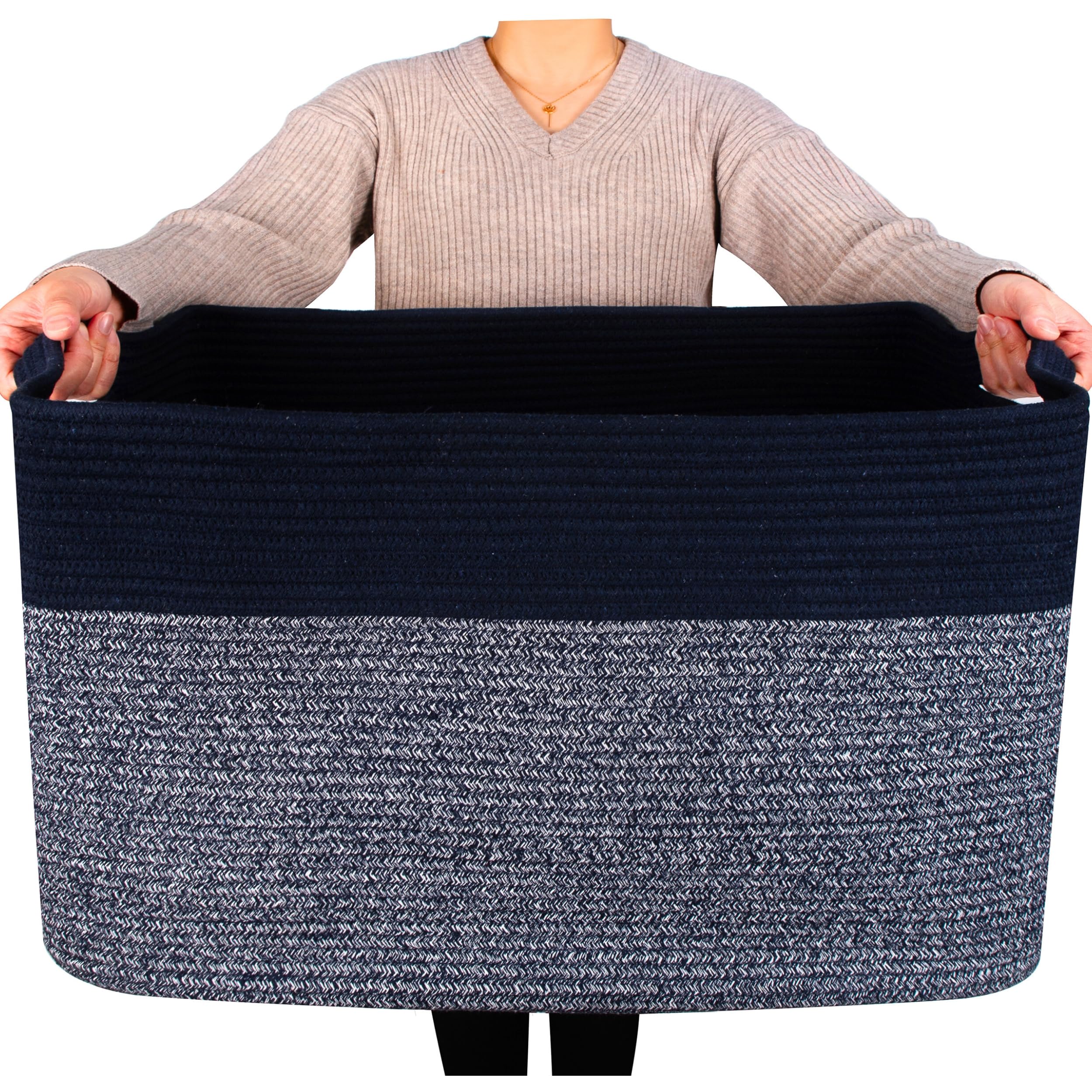 Mintwood Design 22in navy blanket basket front view with handles for easy organization