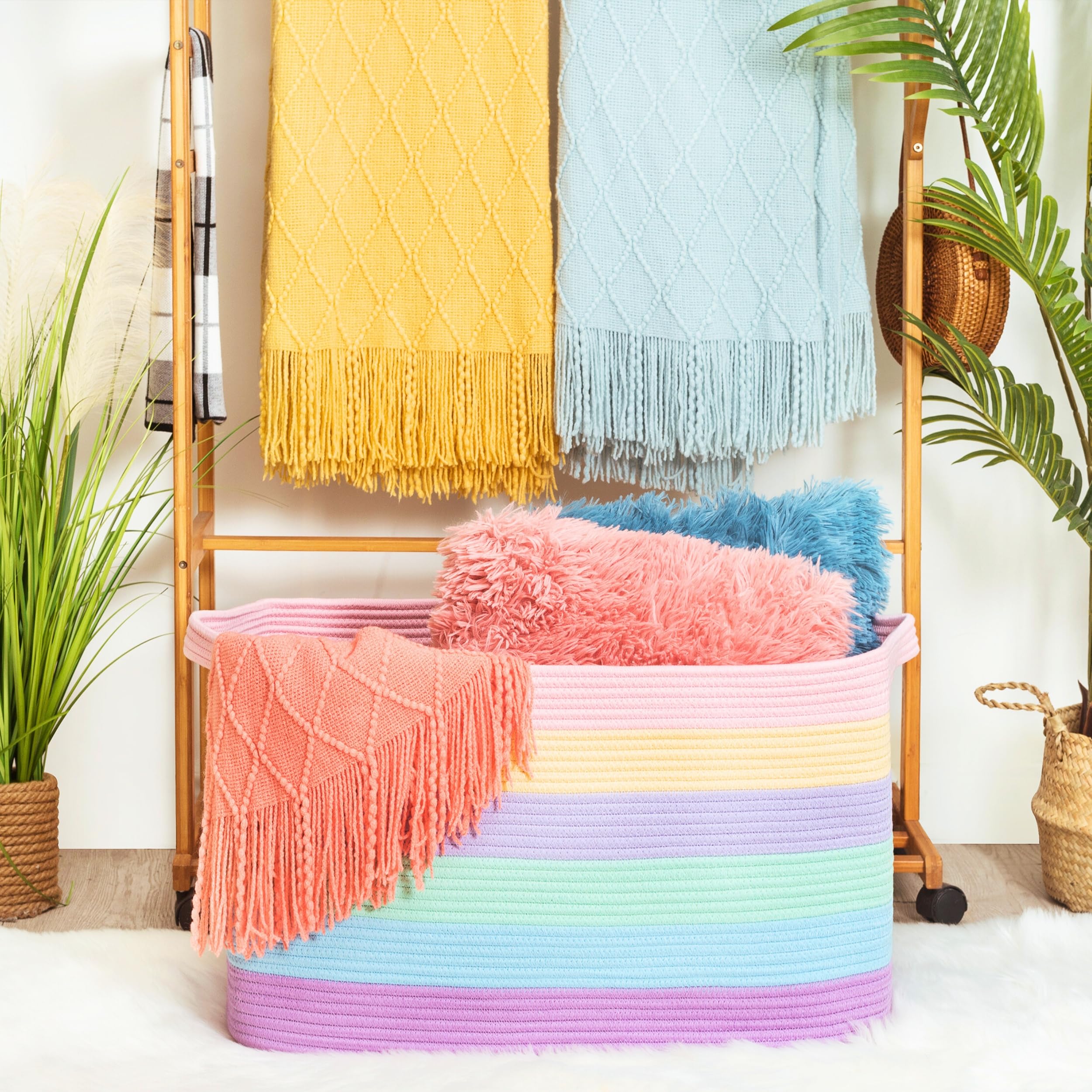 MINTWOOD Design 22in rectangle basket side view with handles for easy transport of laundry.