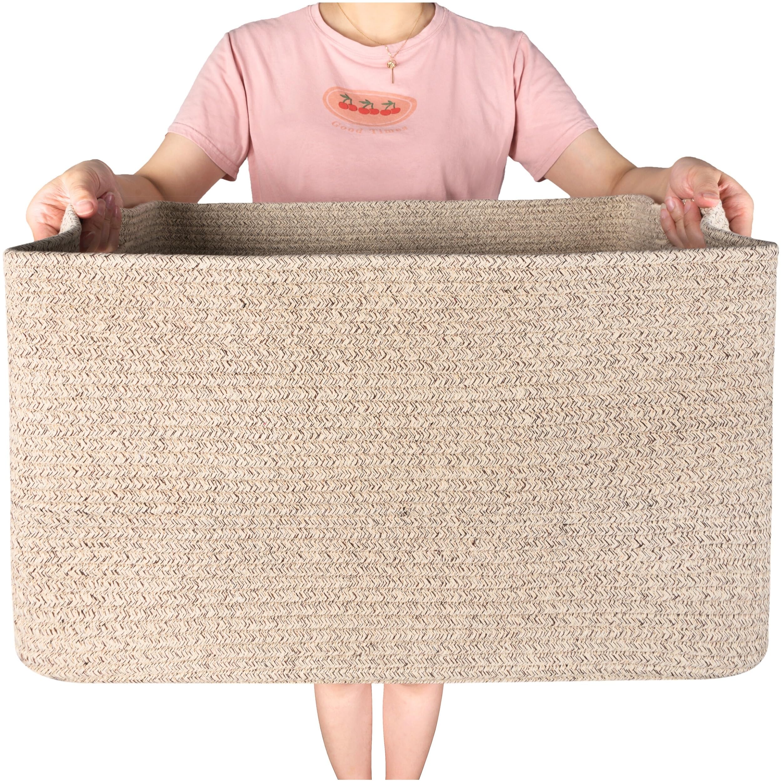 MINTWOOD Design 22in rectangle rope storage basket with handles, ideal for bulky blankets and towels.