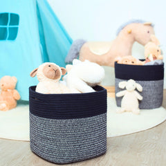 MINTWOOD Design navy woven cube bin closeup shows handcrafted soft edges