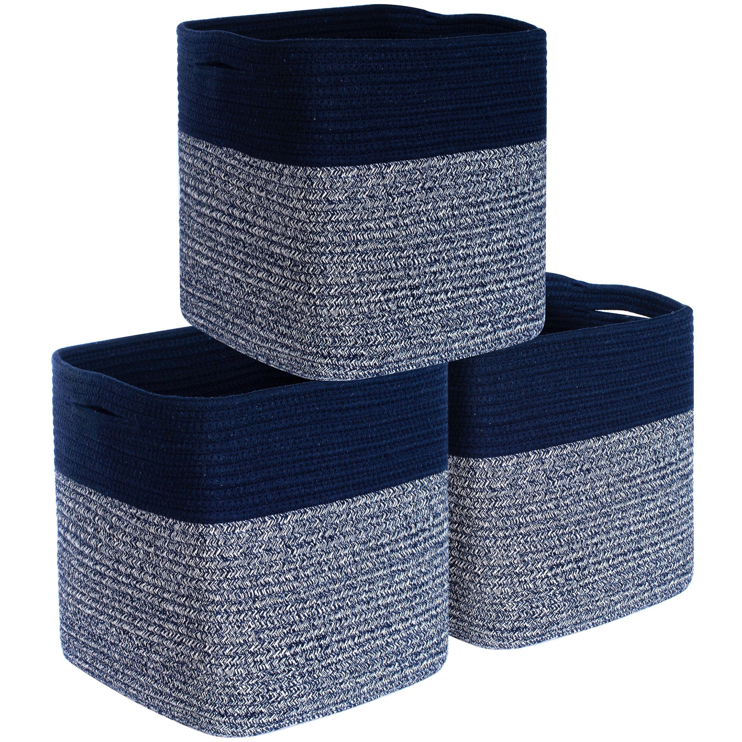MINTWOOD Design navy woven cube bin on counter for decorative storage