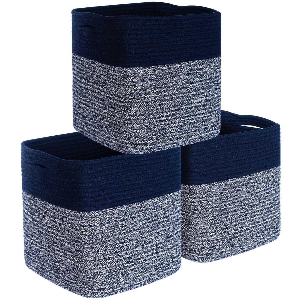 MINTWOOD Design navy woven cube bin on counter for decorative storage